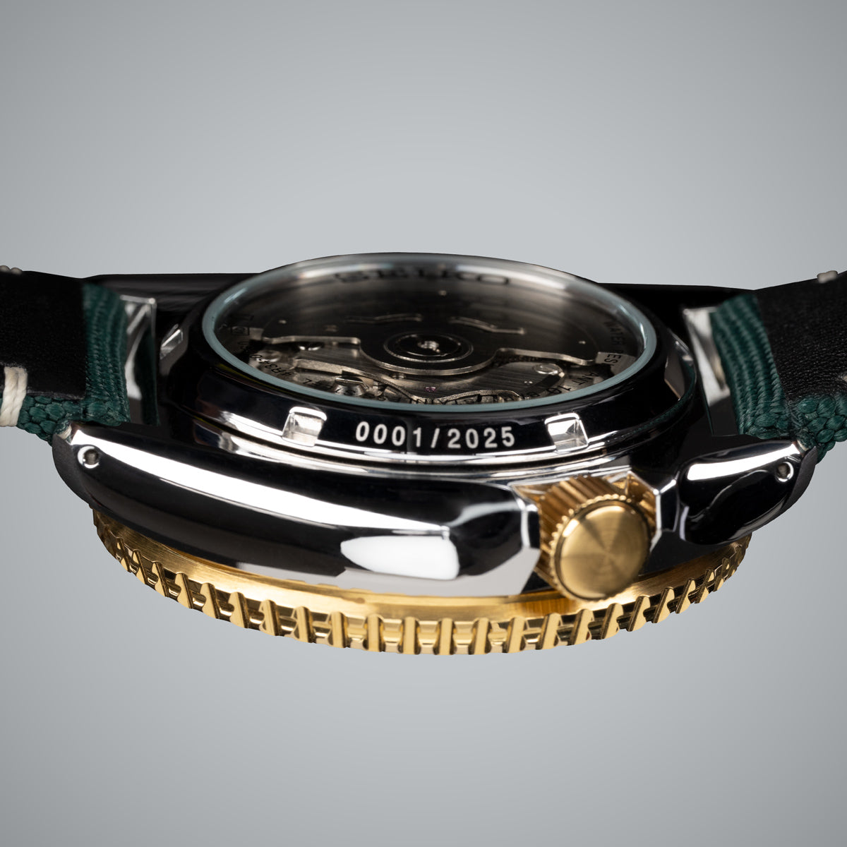Side angle view of the exhibition case back, revealing the intricate inner workings and oscillating rotor of the Seiko automatic GMT movement