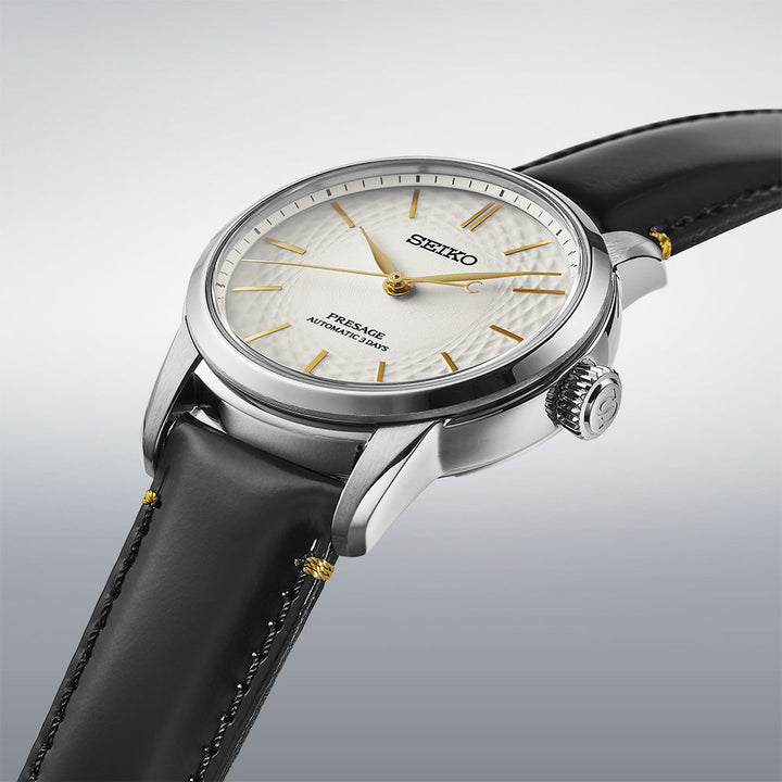 Side angle view of Seiko Presage Unglazed Arita Porcelain Mens Watch SPB497J1