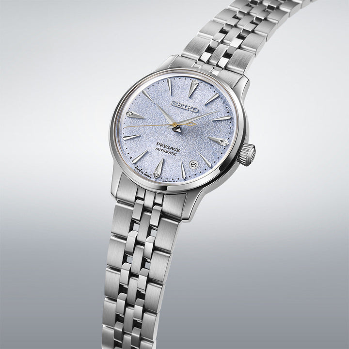 Side angle view of Seiko Presage Frozen Skydiving Diamond Cocktail Watch SRPL61J1