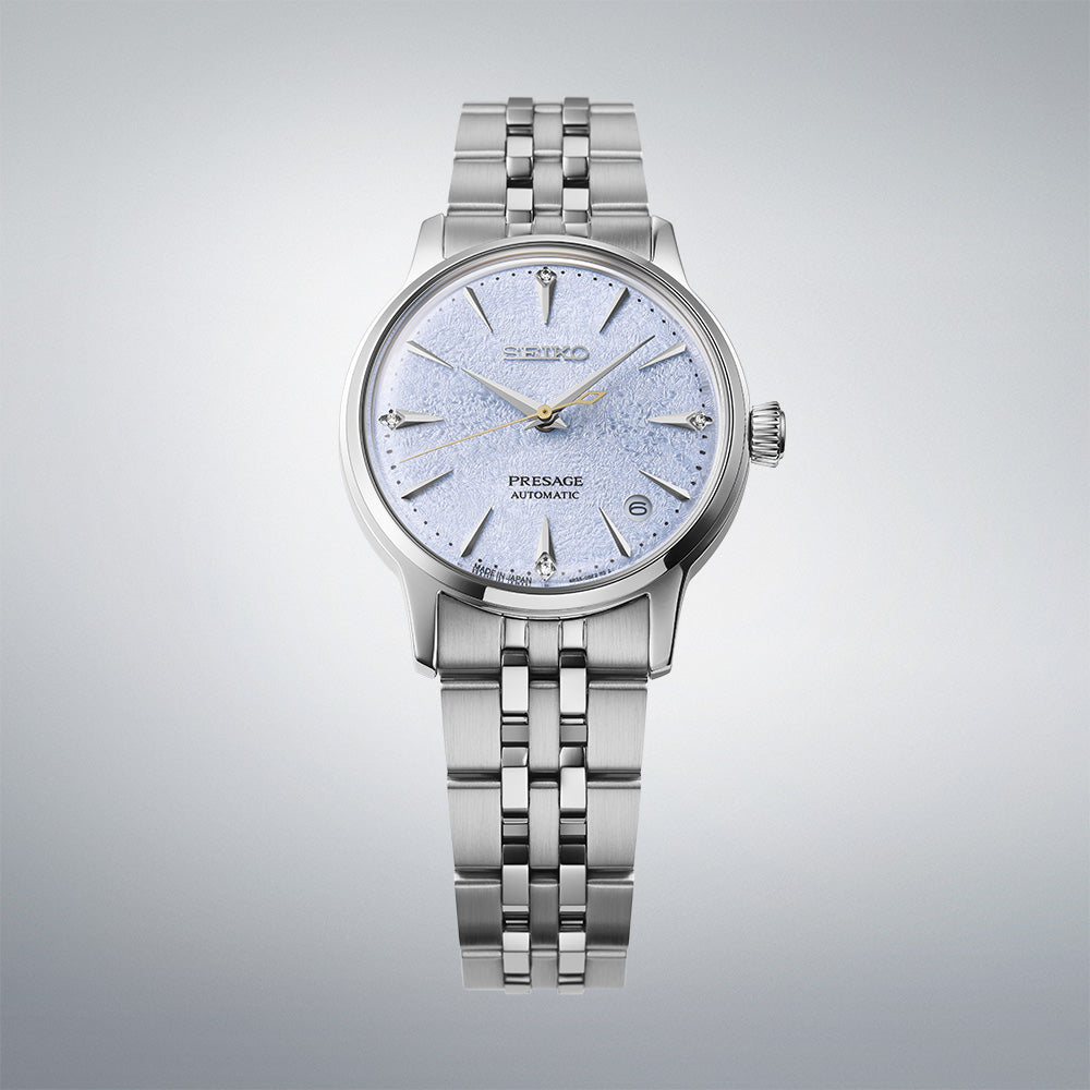 Close view of Seiko Presage Frozen Skydiving Diamond Cocktail Watch SRPL61J1