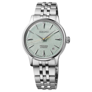 Close view of Seiko Presage Frozen Mojito Cocktail Time Womens Watch SRPL63J1