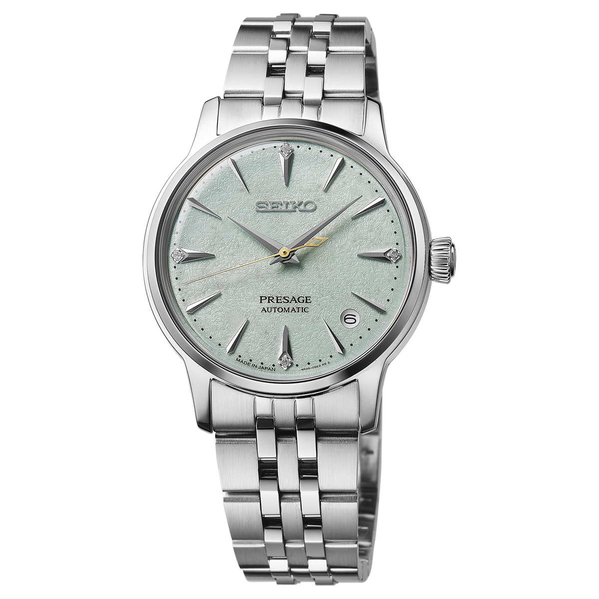 Close view of Seiko Presage Frozen Mojito Cocktail Time Womens Watch SRPL63J1