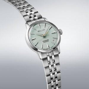 Side angle view of Seiko Presage Frozen Mojito Cocktail Time Womens Watch SRPL63J1
