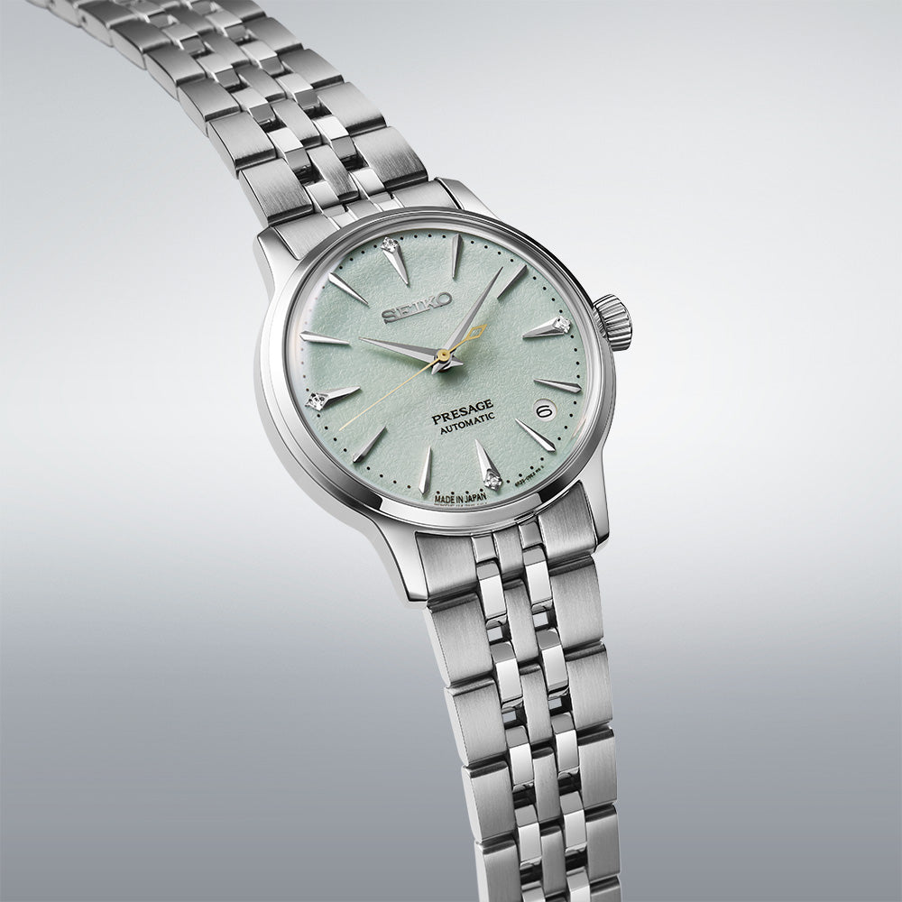 Side angle view of Seiko Presage Frozen Mojito Cocktail Time Womens Watch SRPL63J1