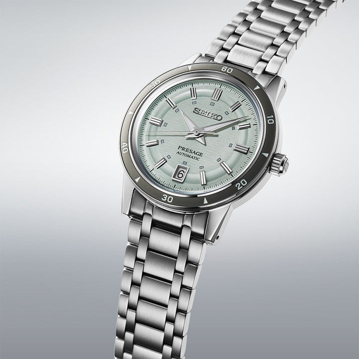 Side angle view of Seiko Presage Style 60's Ice Green Dial Mens Watch SRPL71J1