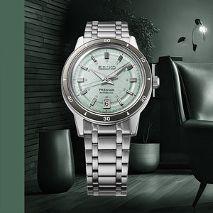Close view of Seiko Presage Style 60's Ice Green Dial Mens Watch SRPL71J1