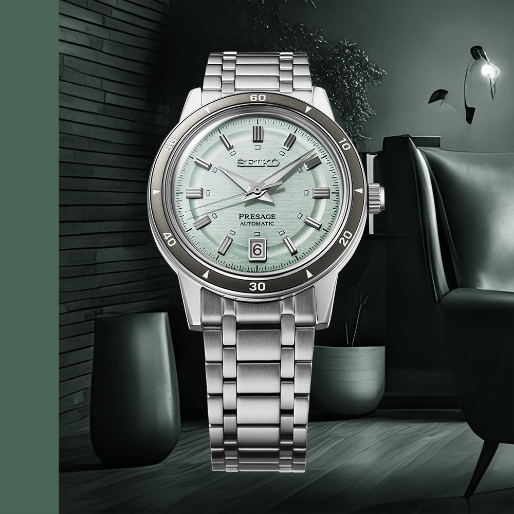 Close view of Seiko Presage Style 60's Ice Green Dial Mens Watch SRPL71J1