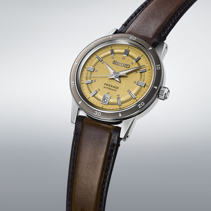 Side ange view Seiko Presage Style 60's Golden Yellow Mens Watch SRPL75J1