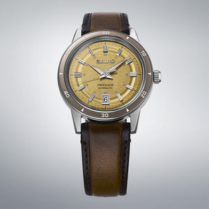 Close view of Seiko Presage Style 60's Golden Yellow Mens Watch SRPL75J1