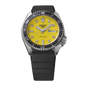 Close view of Seiko 5 Sports SKX Redux In Ki-iro Yellow Mens Watch SRPL87K1
