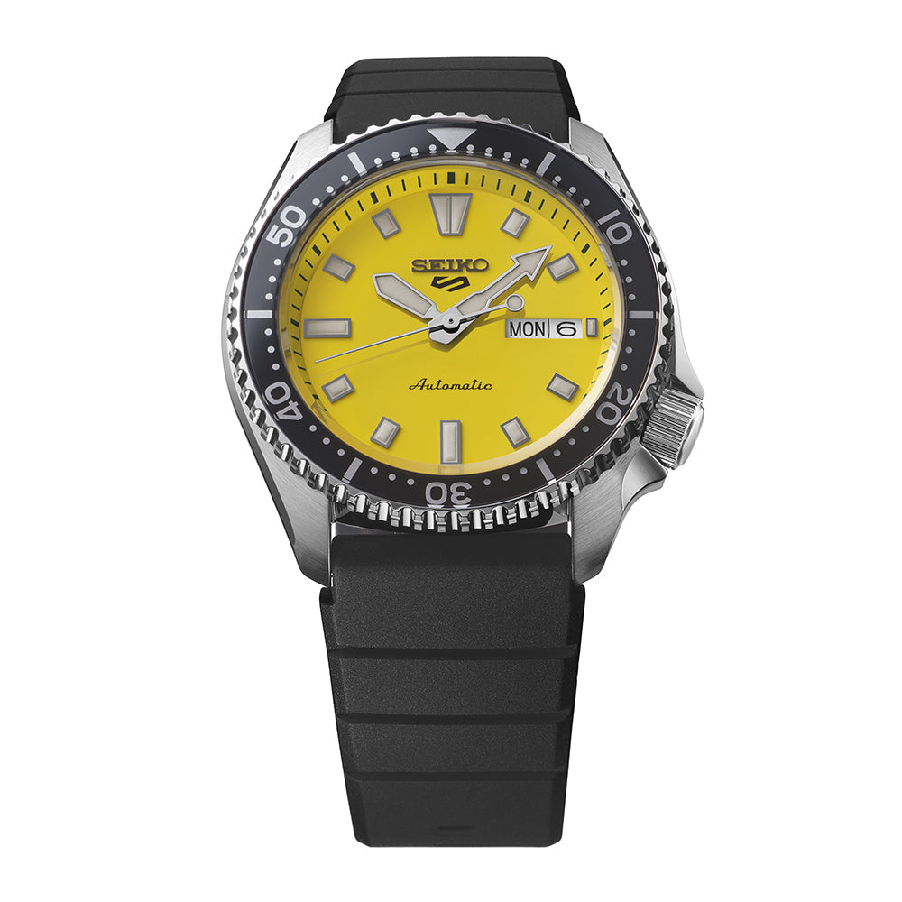 Close view of Seiko 5 Sports SKX Redux In Ki-iro Yellow Mens Watch SRPL87K1
