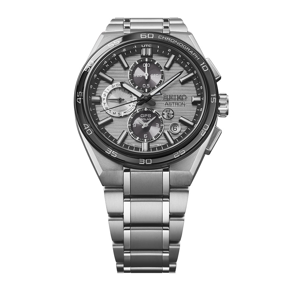 Close view of Astron GPS Solar Dual Time Silvery Grey Mens Watch SSH177J1
