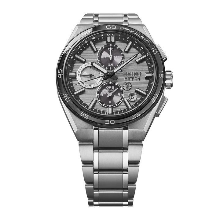 Close view of Astron GPS Solar Dual Time Silvery Grey Mens Watch SSH177J1