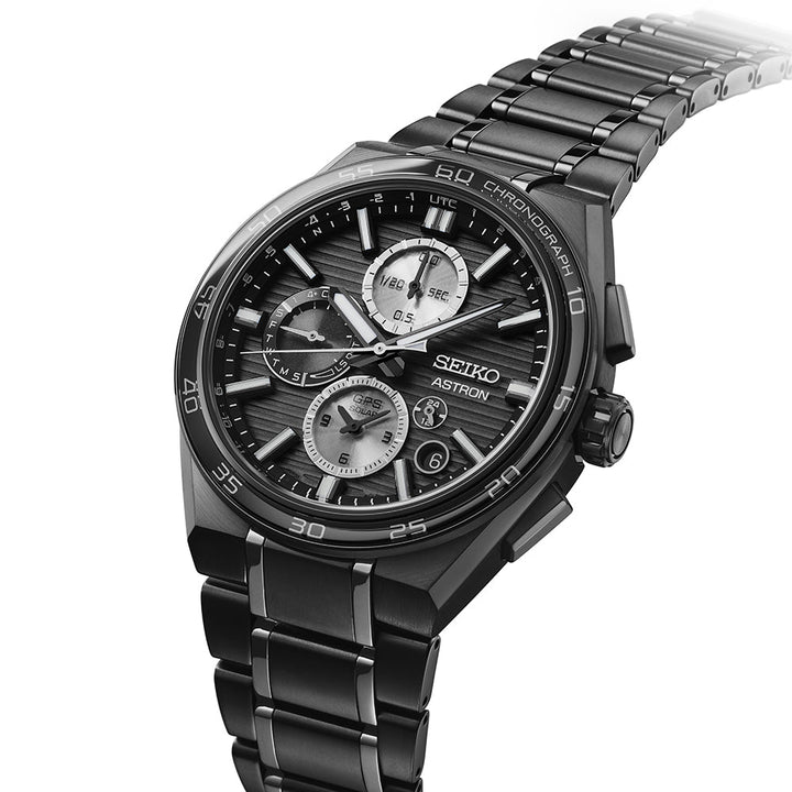 Side angle view of Astron GPS Solar Dual Time Night Sky Black Mens Watch SSH179J1