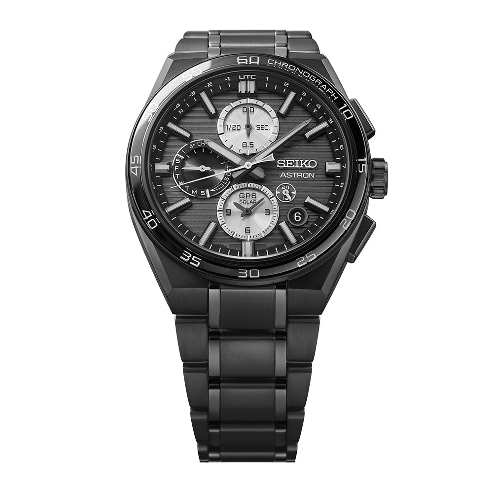 Front view of Astron GPS Solar Dual Time Night Sky Black Mens Watch SSH179J1